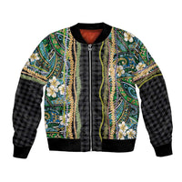 Hawaiian Art Flower Tribal with Lei Bomber Jacket Palaka Pattern Black Color - Polynesian Pride