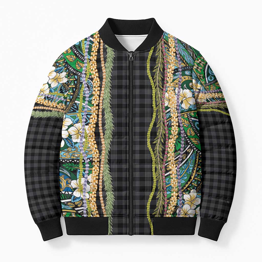 Hawaiian Art Flower Tribal with Lei Bomber Puffer Jacket Palaka Pattern Black Color - Polynesian Pride