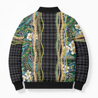 Hawaiian Art Flower Tribal with Lei Bomber Puffer Jacket Palaka Pattern Black Color - Polynesian Pride