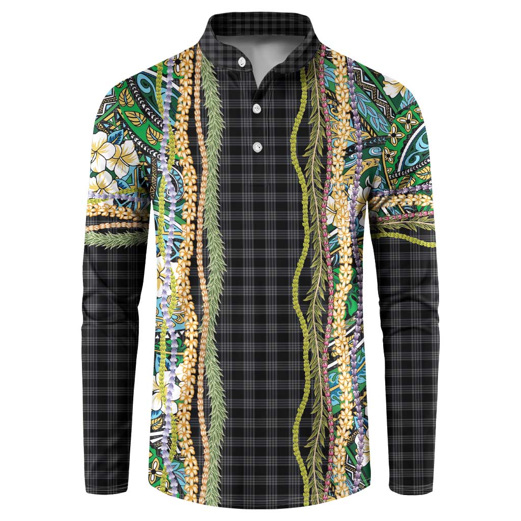 Hawaiian Art Flower Tribal with Lei Button Sweatshirt Palaka Pattern Black Color - Polynesian Pride