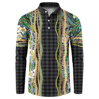 Hawaiian Art Flower Tribal with Lei Button Sweatshirt Palaka Pattern Black Color - Polynesian Pride