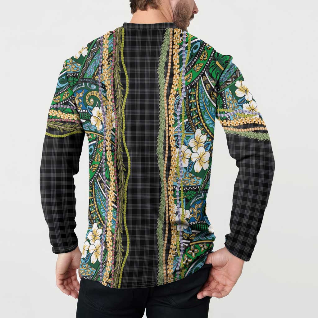 Hawaiian Art Flower Tribal with Lei Button Sweatshirt Palaka Pattern Black Color - Polynesian Pride