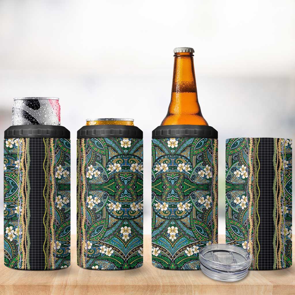 Hawaiian Art Flower Tribal with Lei 4 in 1 Can Cooler Tumbler Palaka Pattern Black Color - Polynesian Pride