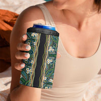 Hawaiian Art Flower Tribal with Lei 4 in 1 Can Cooler Tumbler Palaka Pattern Black Color - Polynesian Pride