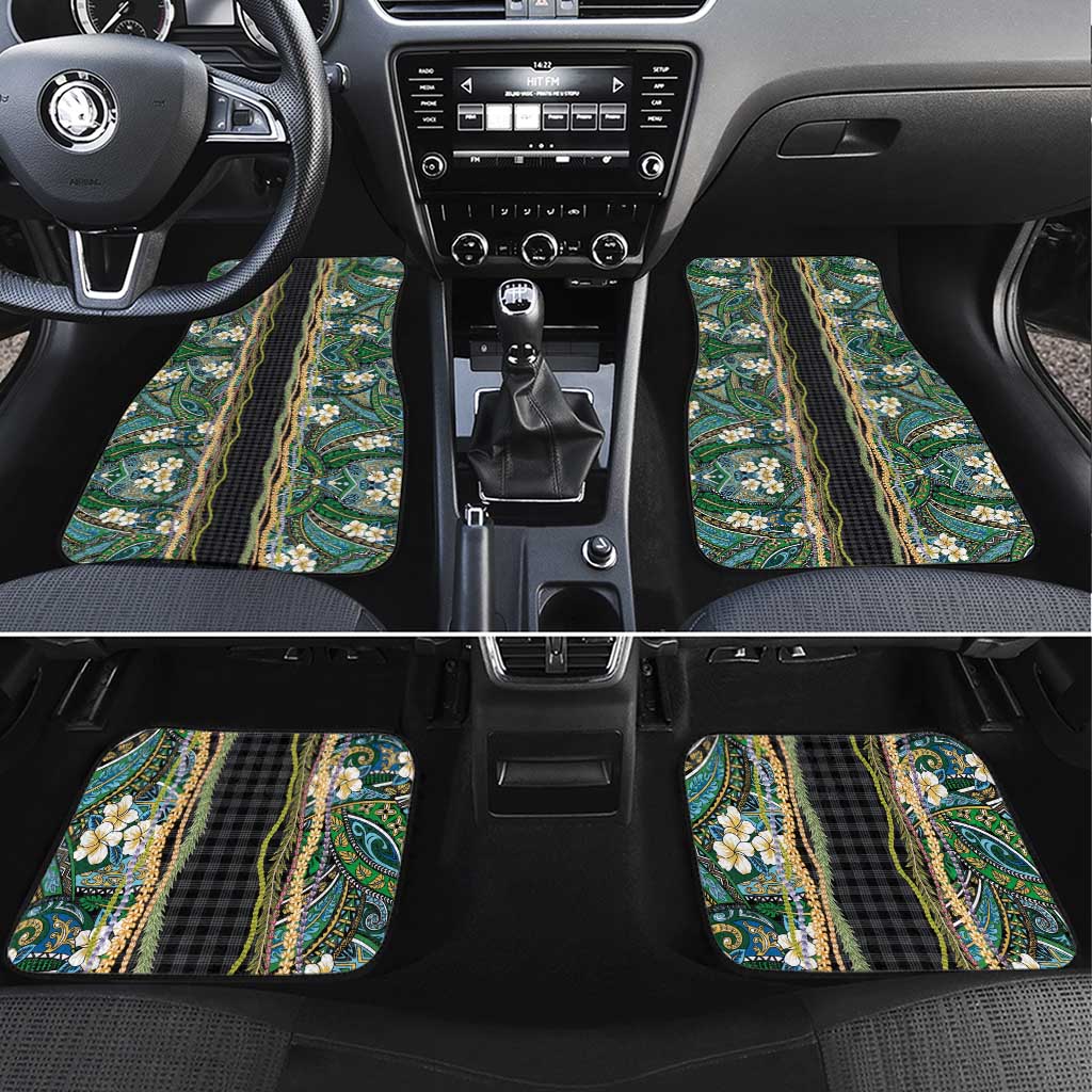 Hawaiian Art Flower Tribal with Lei Car Mats Palaka Pattern Black Color - Polynesian Pride