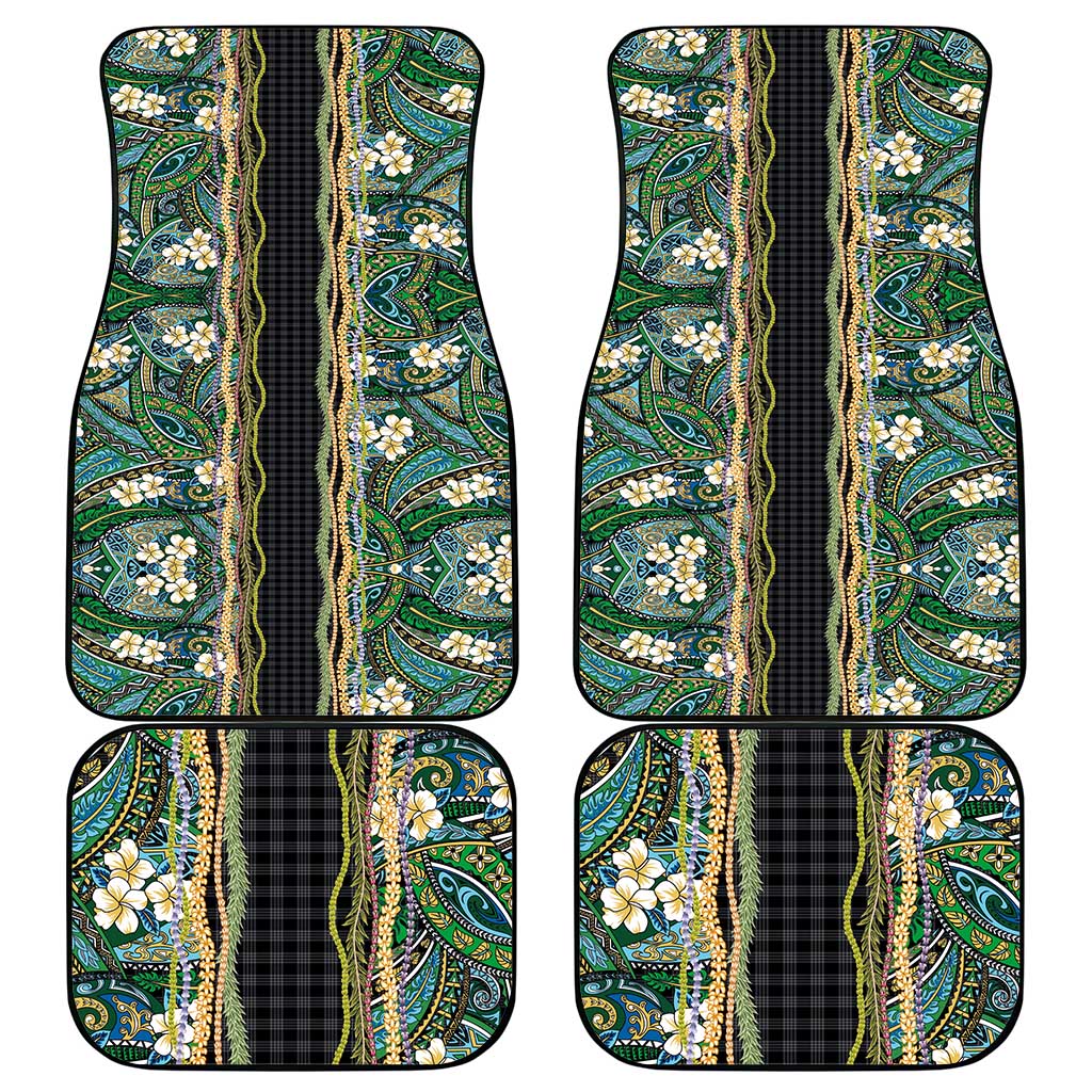 Hawaiian Art Flower Tribal with Lei Car Mats Palaka Pattern Black Color - Polynesian Pride
