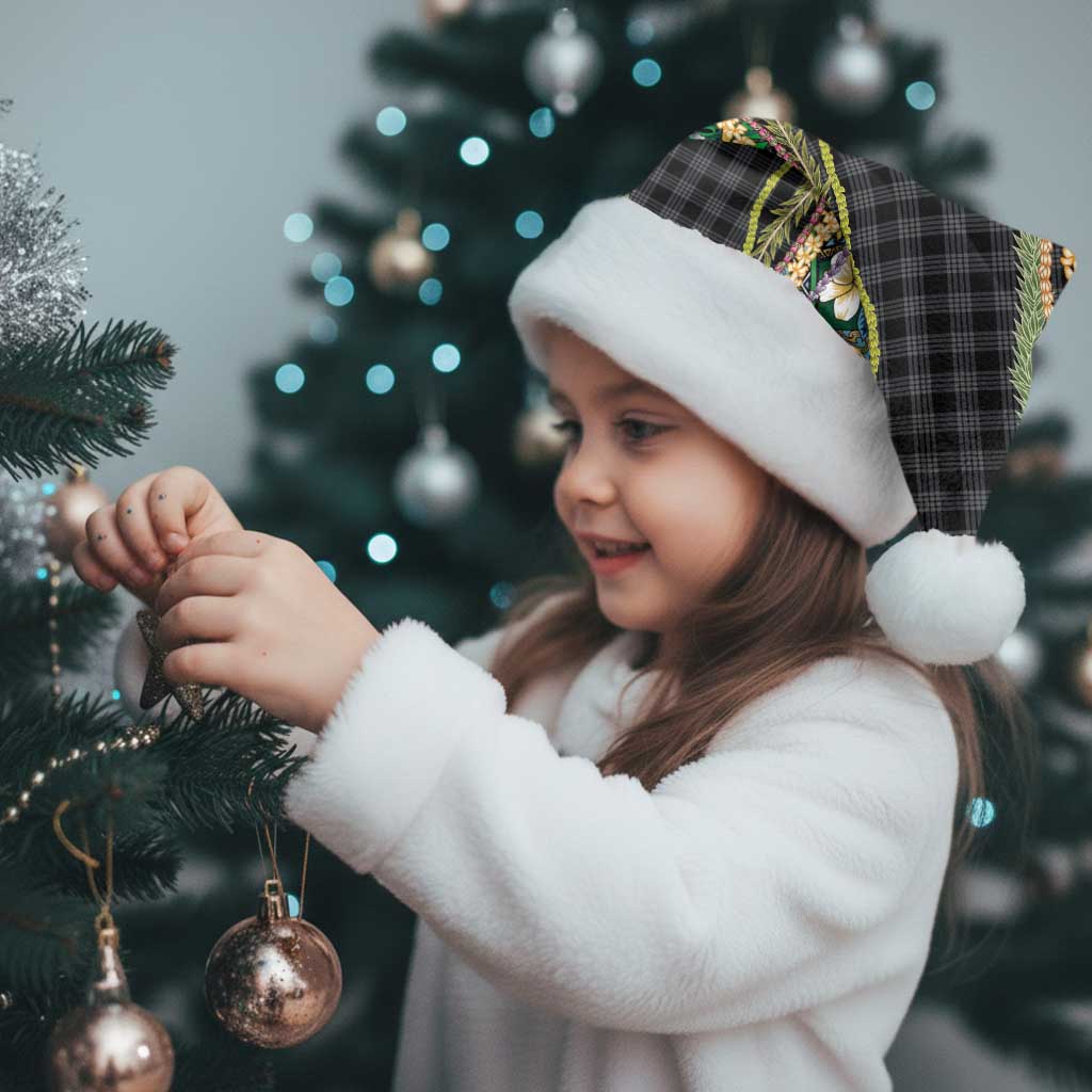 Hawaiian Art Flower Tribal with Lei Christmas Santa Hat Palaka Pattern Black Color - Polynesian Pride