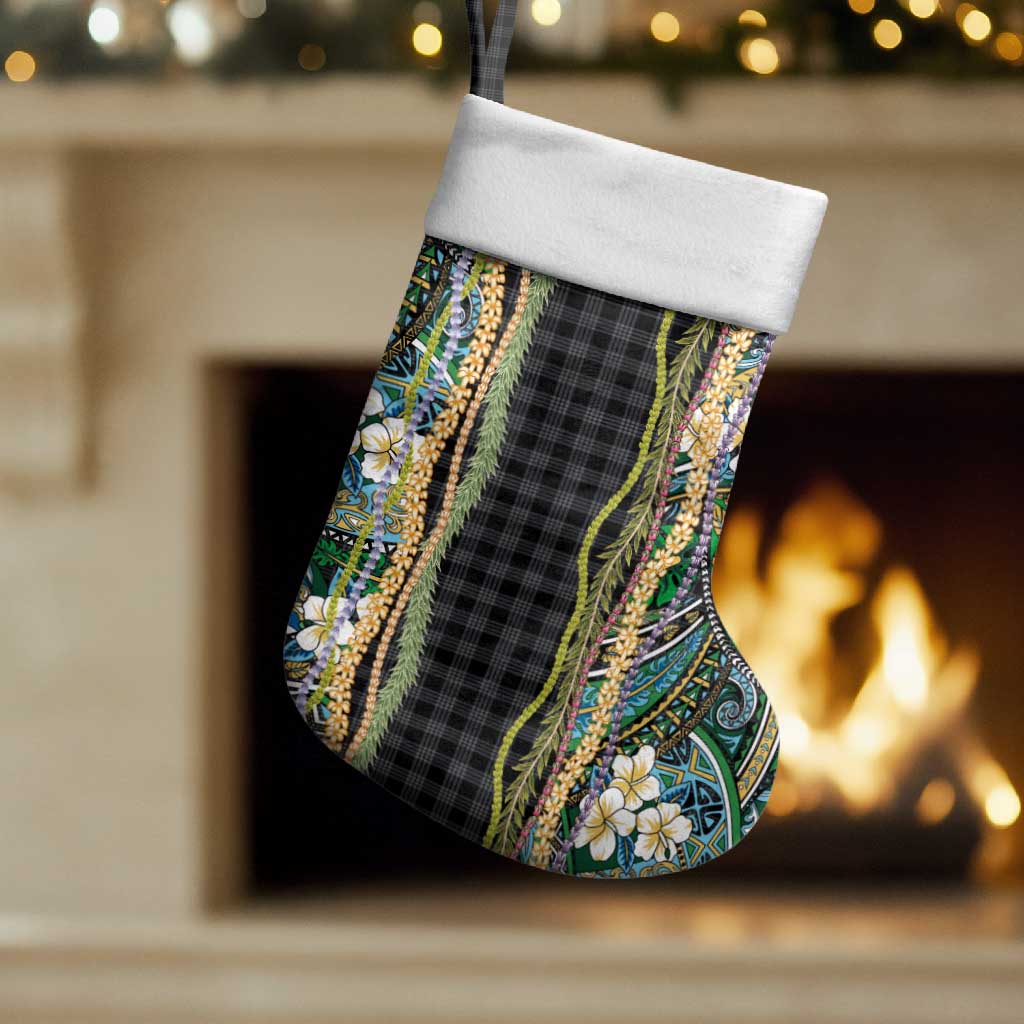 Hawaiian Art Flower Tribal with Lei Christmas Stocking Palaka Pattern Black Color - Polynesian Pride