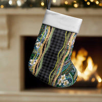 Hawaiian Art Flower Tribal with Lei Christmas Stocking Palaka Pattern Black Color - Polynesian Pride