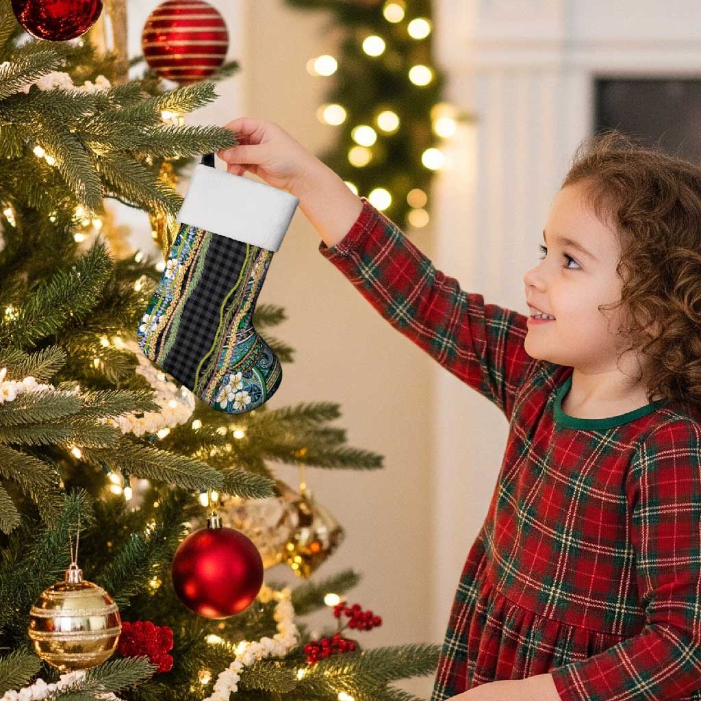 Hawaiian Art Flower Tribal with Lei Christmas Stocking Palaka Pattern Black Color - Polynesian Pride