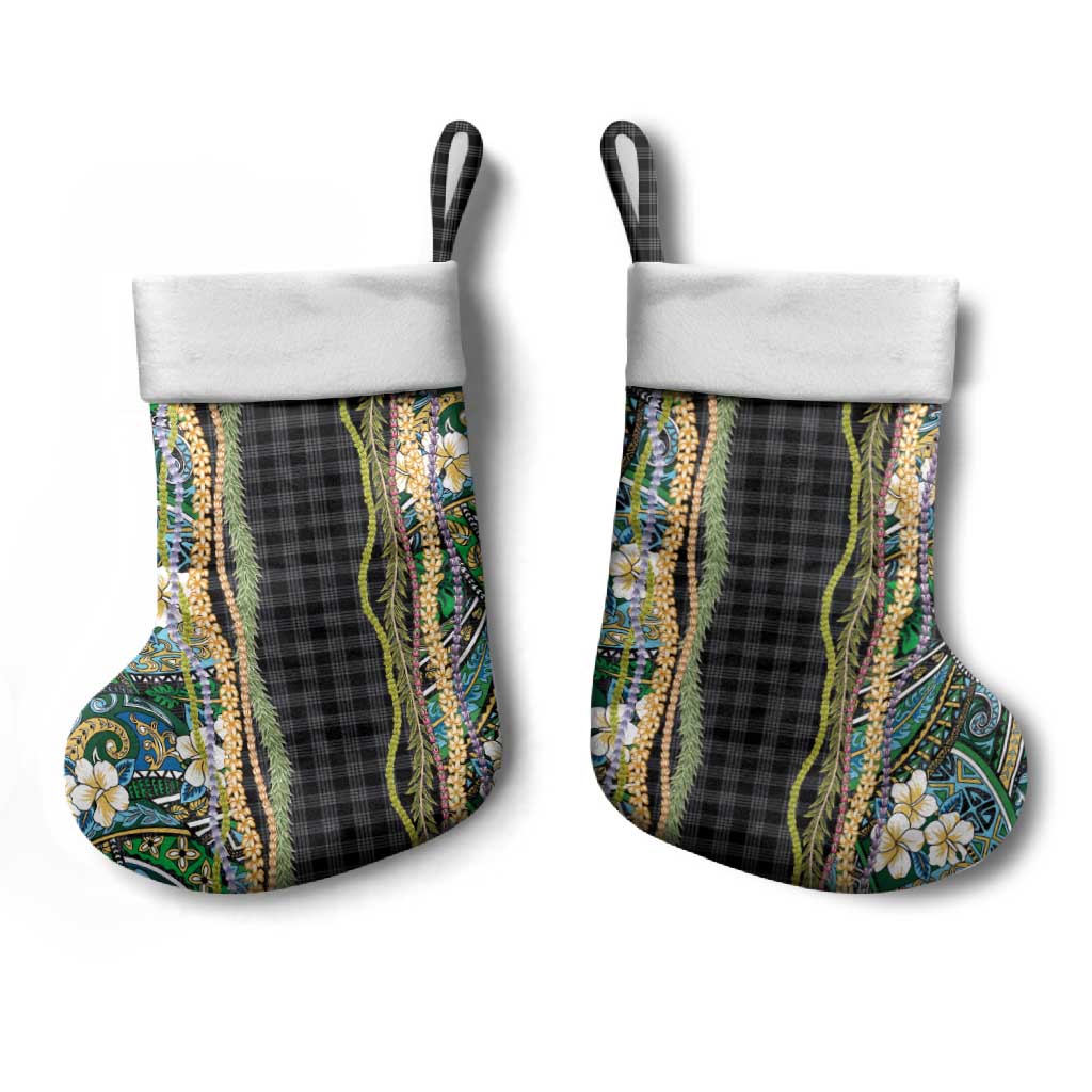 Hawaiian Art Flower Tribal with Lei Christmas Stocking Palaka Pattern Black Color - Polynesian Pride