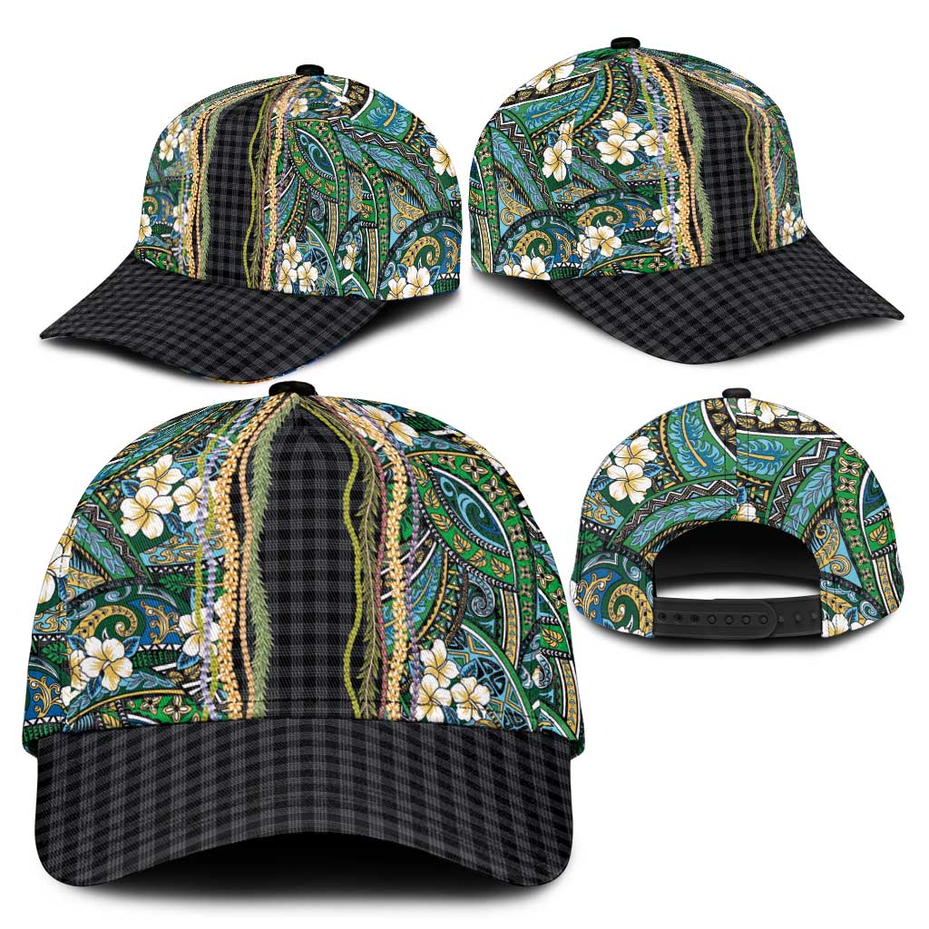 Hawaiian Art Flower Tribal with Lei Classic Cap Palaka Pattern Black Color - Polynesian Pride