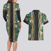 Hawaiian Art Flower Tribal with Lei Couples Matching Long Sleeve Bodycon Dress and Hawaiian Shirt Palaka Pattern Black Color - Polynesian Pride