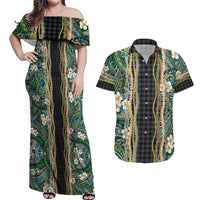 Hawaiian Art Flower Tribal with Lei Couples Matching Off Shoulder Maxi Dress and Hawaiian Shirt Palaka Pattern Black Color - Polynesian Pride