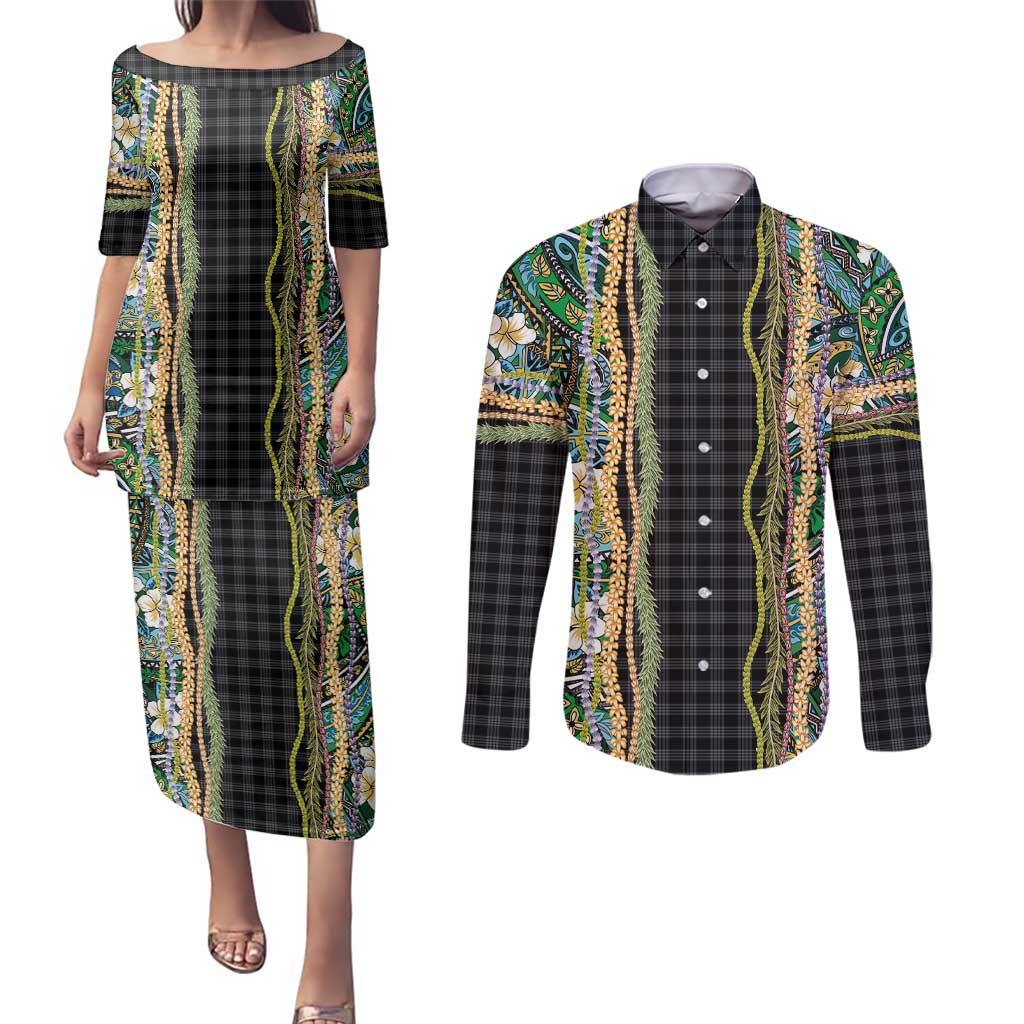 Hawaiian Art Flower Tribal with Lei Couples Matching Puletasi and Long Sleeve Button Shirt Palaka Pattern Black Color - Polynesian Pride