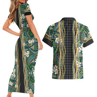 Hawaiian Art Flower Tribal with Lei Couples Matching Short Sleeve Bodycon Dress and Hawaiian Shirt Palaka Pattern Black Color - Polynesian Pride