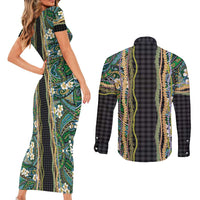 Hawaiian Art Flower Tribal with Lei Couples Matching Short Sleeve Bodycon Dress and Long Sleeve Button Shirt Palaka Pattern Black Color - Polynesian Pride