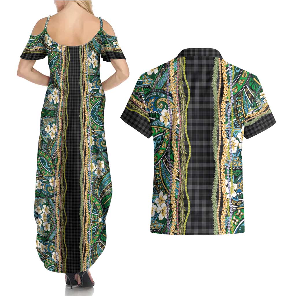 Hawaiian Art Flower Tribal with Lei Couples Matching Summer Maxi Dress and Hawaiian Shirt Palaka Pattern Black Color - Polynesian Pride