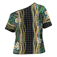 Hawaiian Art Flower Tribal with Lei Cross Shoulder Shirt Palaka Pattern Black Color - Polynesian Pride