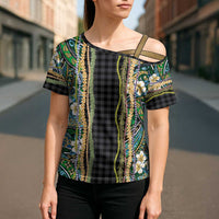 Hawaiian Art Flower Tribal with Lei Cross Shoulder Shirt Palaka Pattern Black Color - Polynesian Pride