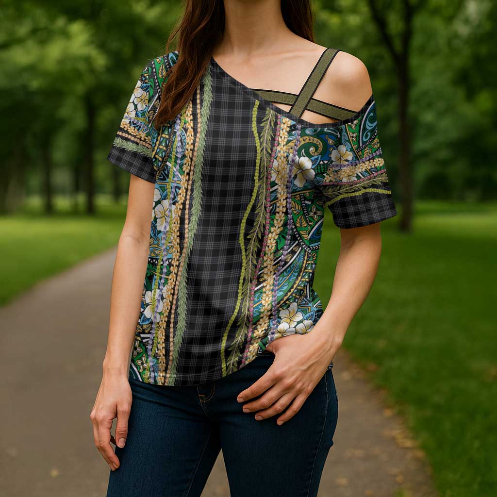 Hawaiian Art Flower Tribal with Lei Cross Shoulder Shirt Palaka Pattern Black Color - Polynesian Pride