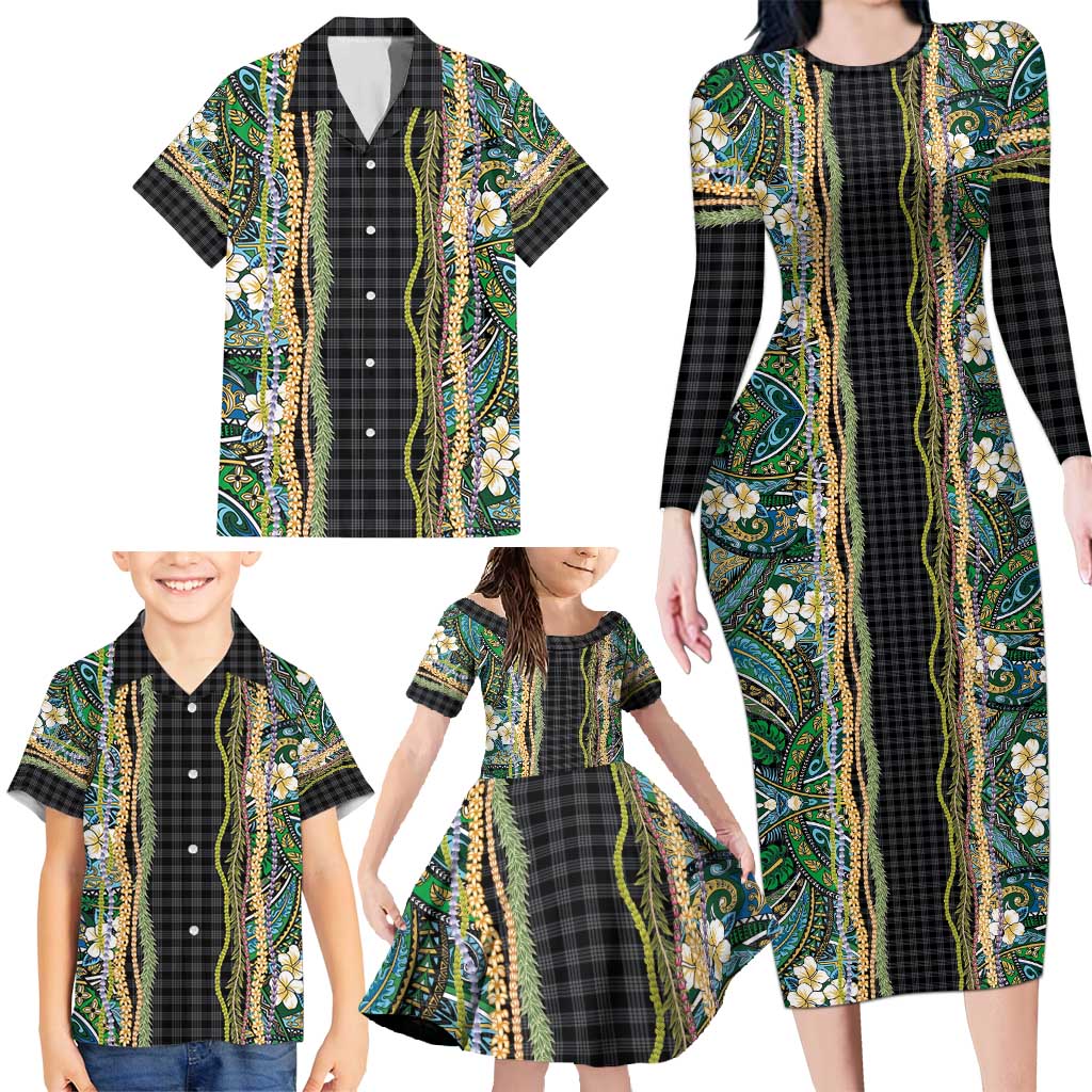 Hawaiian Art Flower Tribal with Lei Family Matching Long Sleeve Bodycon Dress and Hawaiian Shirt Palaka Pattern Black Color - Polynesian Pride