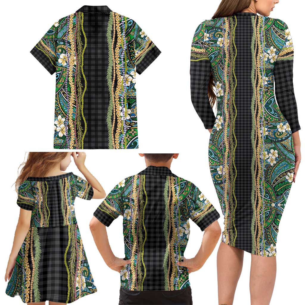 Hawaiian Art Flower Tribal with Lei Family Matching Long Sleeve Bodycon Dress and Hawaiian Shirt Palaka Pattern Black Color - Polynesian Pride