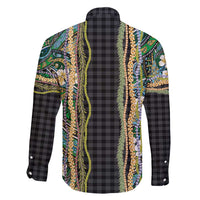 Hawaiian Art Flower Tribal with Lei Family Matching Long Sleeve Bodycon Dress and Hawaiian Shirt Palaka Pattern Black Color - Polynesian Pride