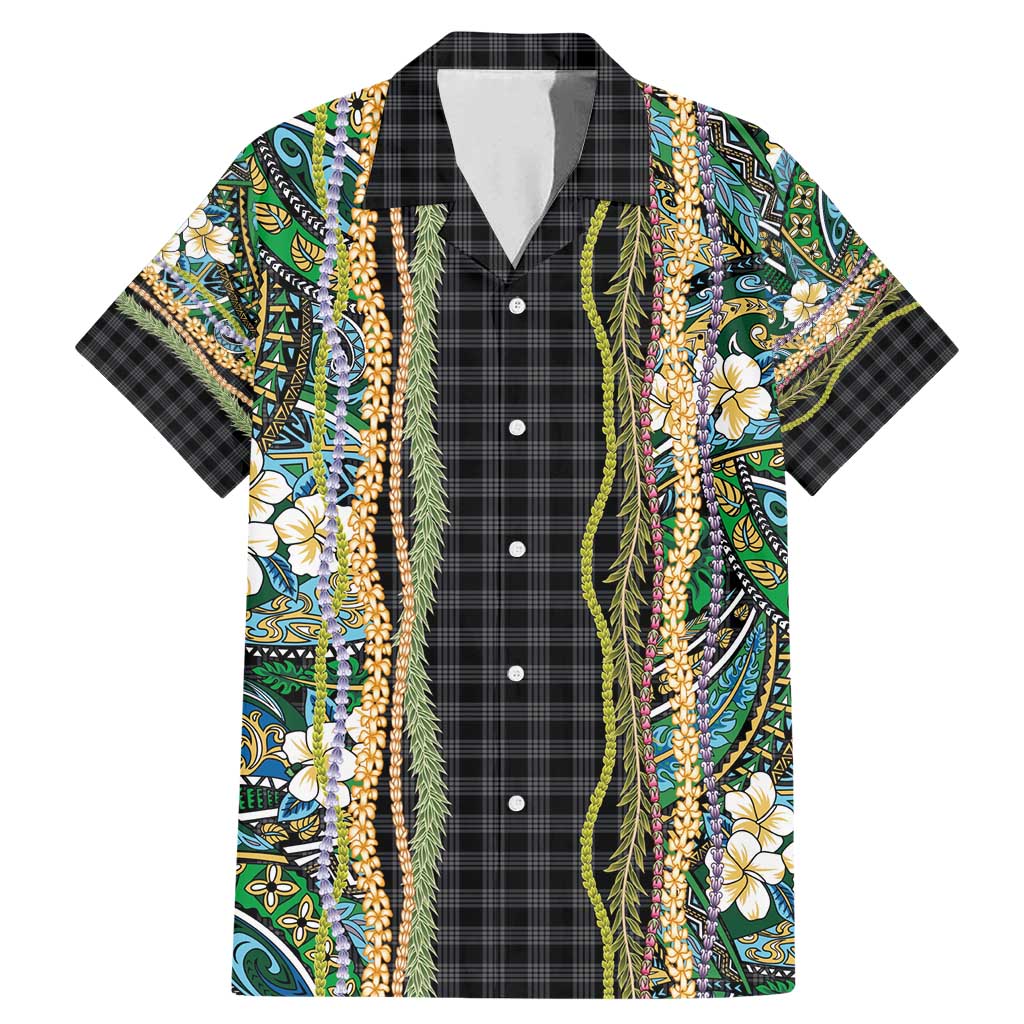 Hawaiian Art Flower Tribal with Lei Family Matching Mermaid Dress and Hawaiian Shirt Palaka Pattern Black Color - Polynesian Pride