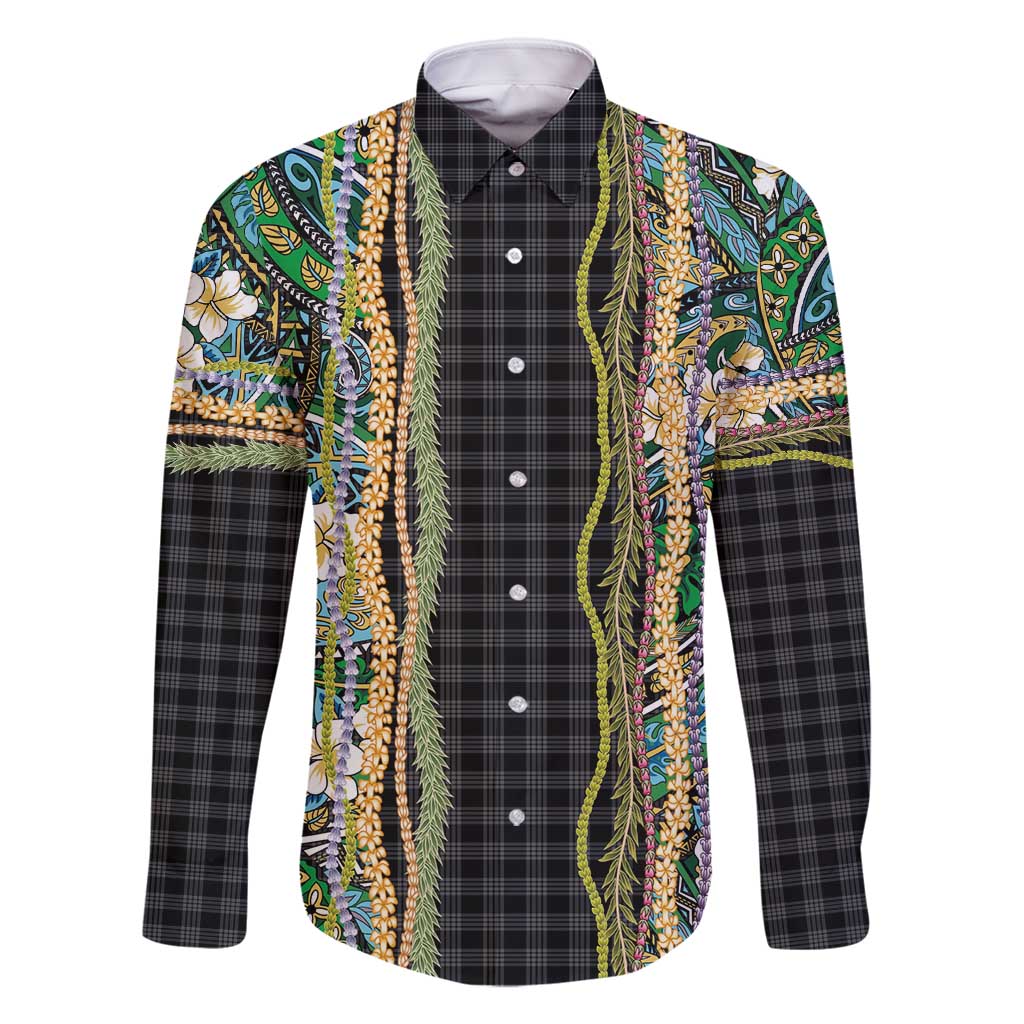 Hawaiian Art Flower Tribal with Lei Family Matching Mermaid Dress and Hawaiian Shirt Palaka Pattern Black Color - Polynesian Pride