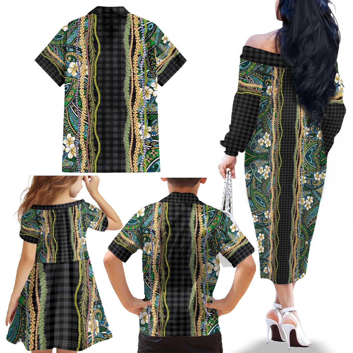 Hawaiian Art Flower Tribal with Lei Family Matching Off The Shoulder Long Sleeve Dress and Hawaiian Shirt Palaka Pattern Black Color - Polynesian Pride