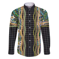 Hawaiian Art Flower Tribal with Lei Family Matching Off The Shoulder Long Sleeve Dress and Hawaiian Shirt Palaka Pattern Black Color - Polynesian Pride