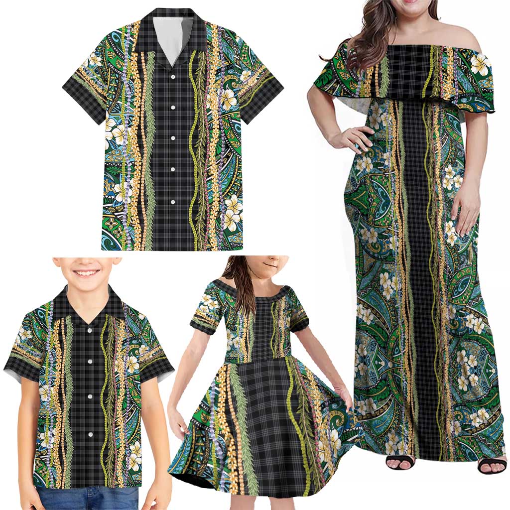 Hawaiian Art Flower Tribal with Lei Family Matching Off Shoulder Maxi Dress and Hawaiian Shirt Palaka Pattern Black Color - Polynesian Pride