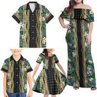 Hawaiian Art Flower Tribal with Lei Family Matching Off Shoulder Maxi Dress and Hawaiian Shirt Palaka Pattern Black Color - Polynesian Pride