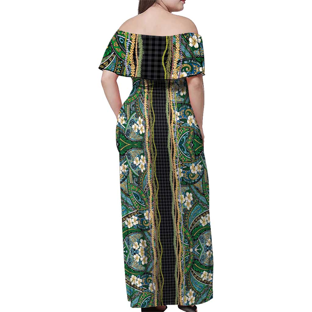 Hawaiian Art Flower Tribal with Lei Family Matching Off Shoulder Maxi Dress and Hawaiian Shirt Palaka Pattern Black Color - Polynesian Pride