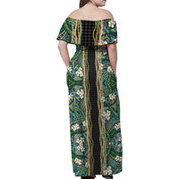 Hawaiian Art Flower Tribal with Lei Family Matching Off Shoulder Maxi Dress and Hawaiian Shirt Palaka Pattern Black Color - Polynesian Pride