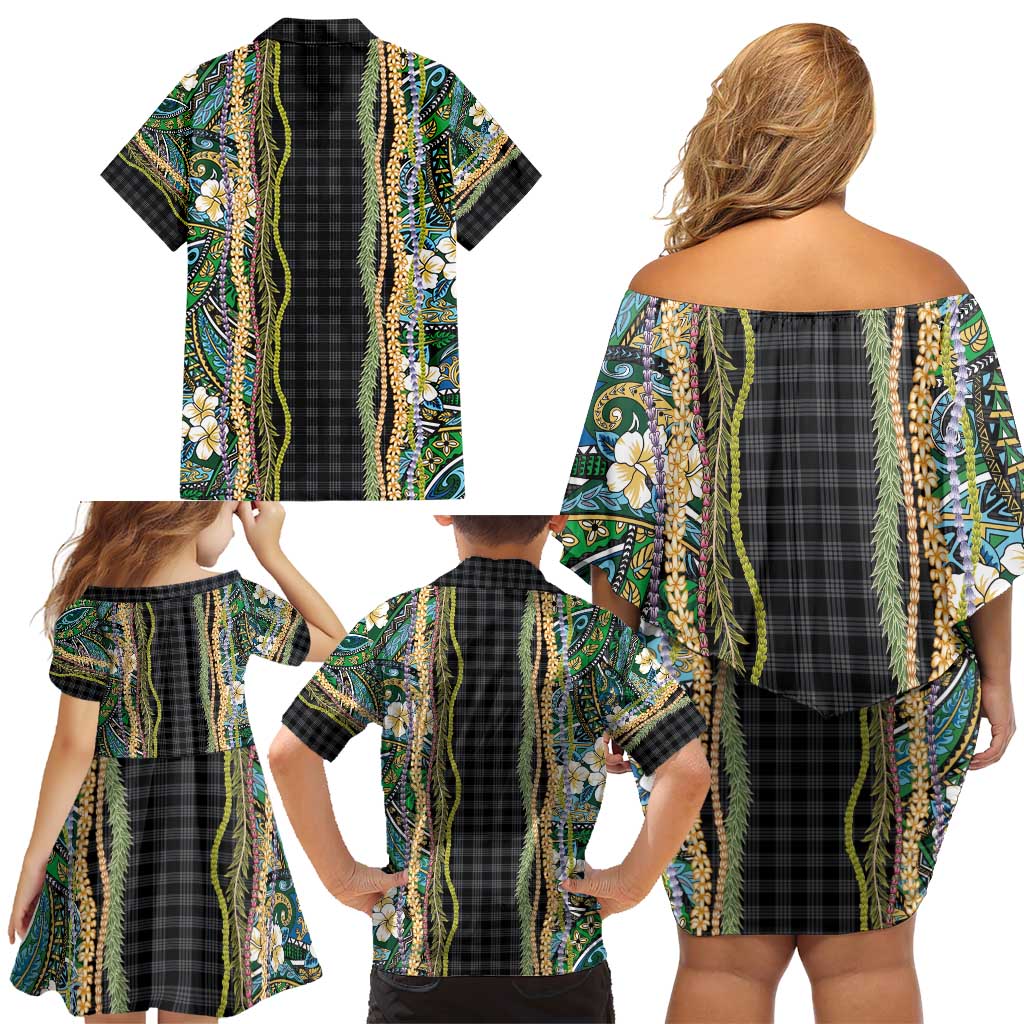 Hawaiian Art Flower Tribal with Lei Family Matching Off Shoulder Short Dress and Hawaiian Shirt Palaka Pattern Black Color - Polynesian Pride