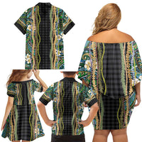 Hawaiian Art Flower Tribal with Lei Family Matching Off Shoulder Short Dress and Hawaiian Shirt Palaka Pattern Black Color - Polynesian Pride