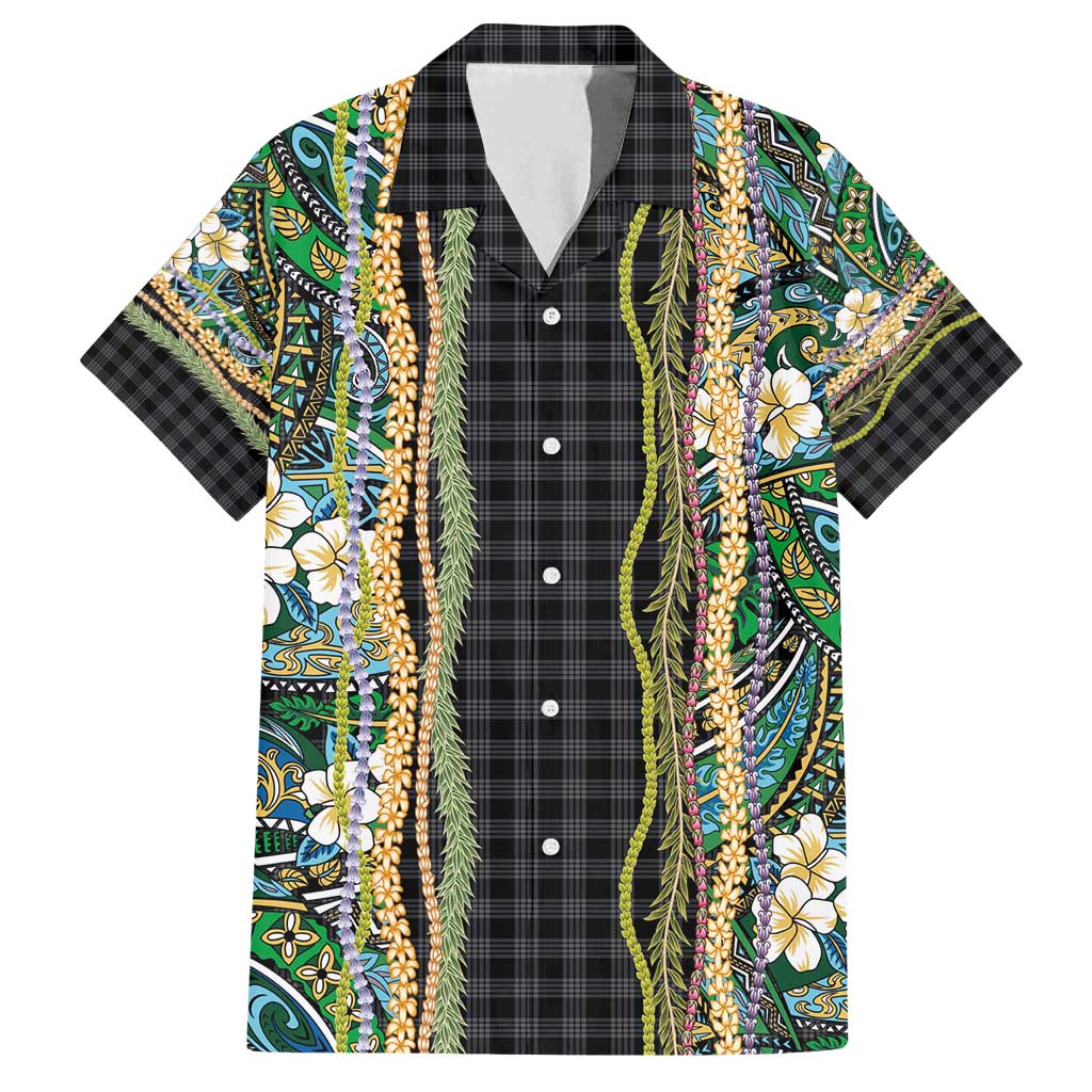 Hawaiian Art Flower Tribal with Lei Family Matching Puletasi and Hawaiian Shirt Palaka Pattern Black Color - Polynesian Pride