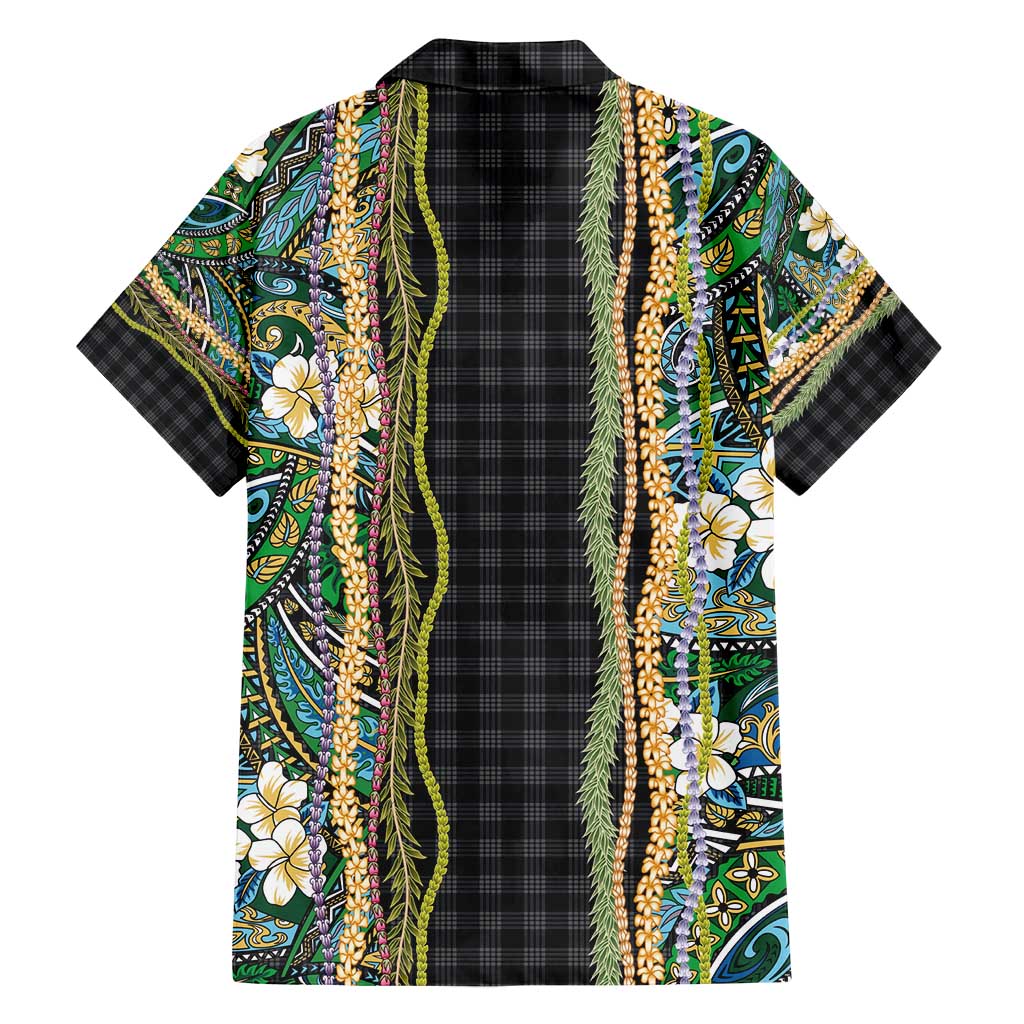 Hawaiian Art Flower Tribal with Lei Family Matching Puletasi and Hawaiian Shirt Palaka Pattern Black Color - Polynesian Pride