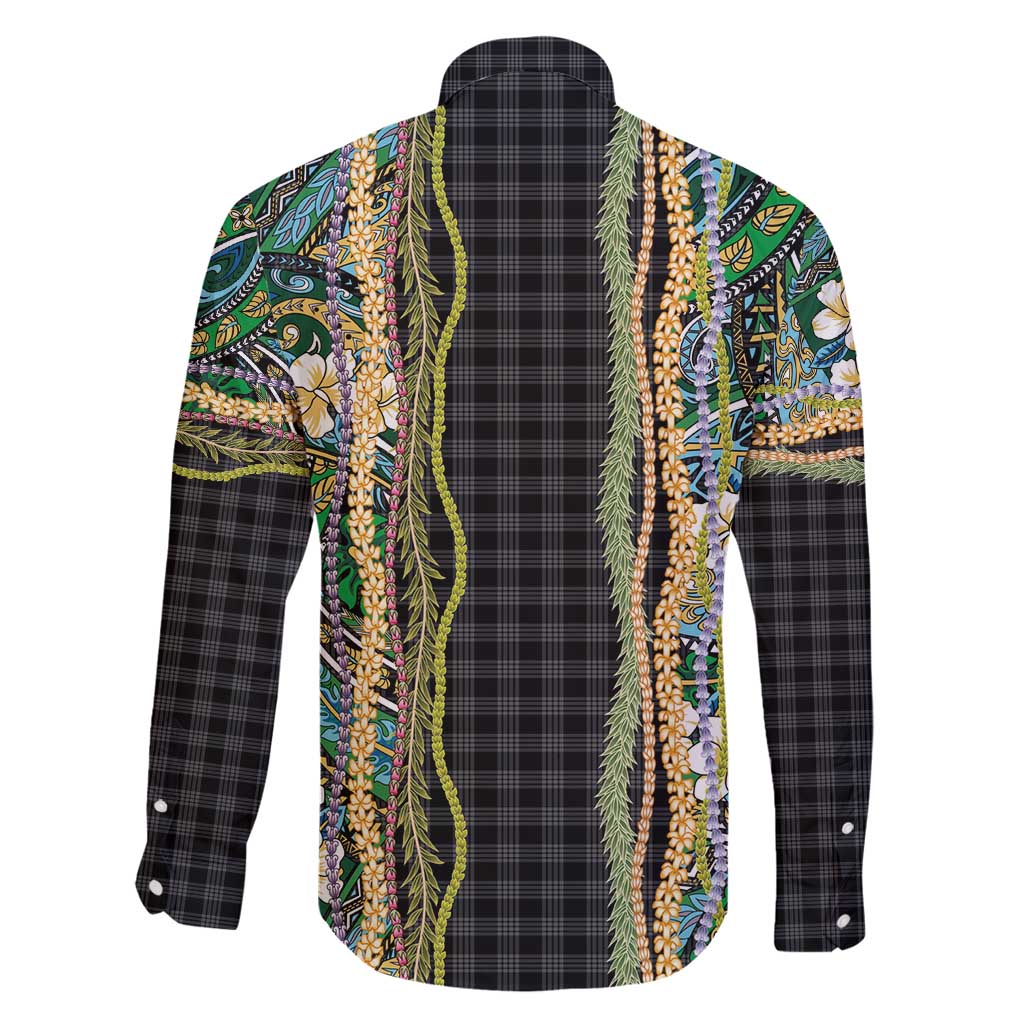 Hawaiian Art Flower Tribal with Lei Family Matching Puletasi and Hawaiian Shirt Palaka Pattern Black Color - Polynesian Pride