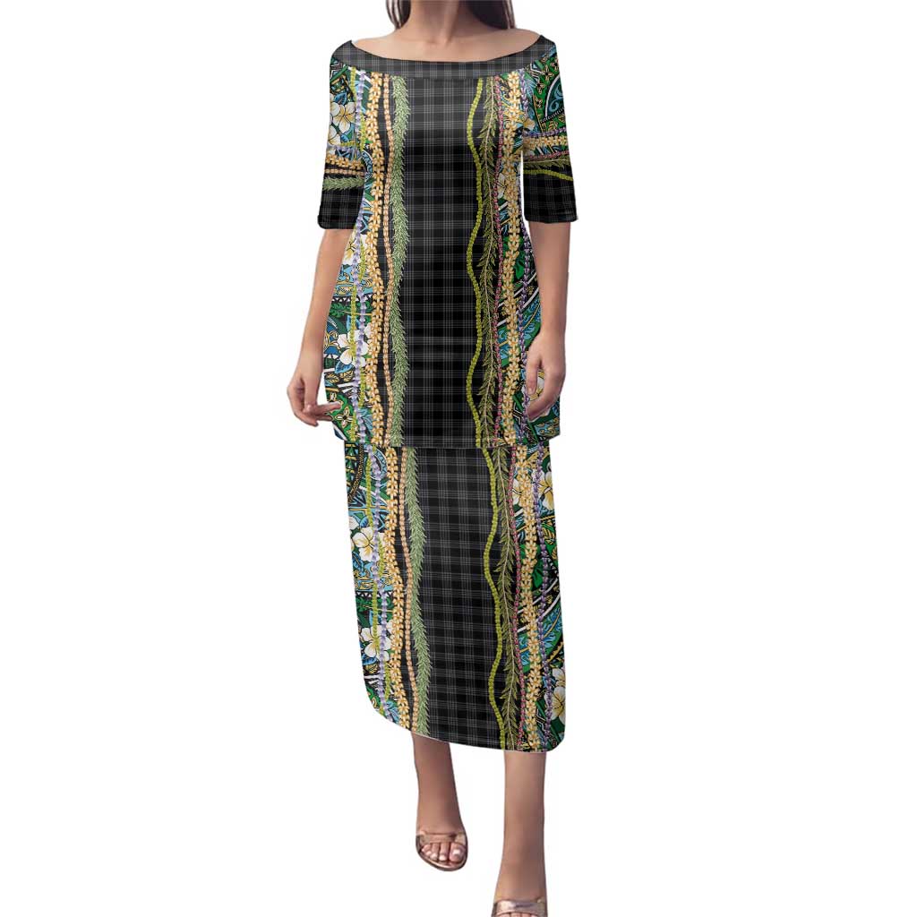 Hawaiian Art Flower Tribal with Lei Family Matching Puletasi and Hawaiian Shirt Palaka Pattern Black Color - Polynesian Pride