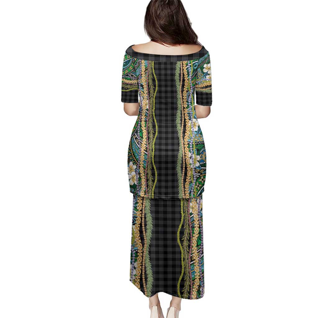 Hawaiian Art Flower Tribal with Lei Family Matching Puletasi and Hawaiian Shirt Palaka Pattern Black Color - Polynesian Pride