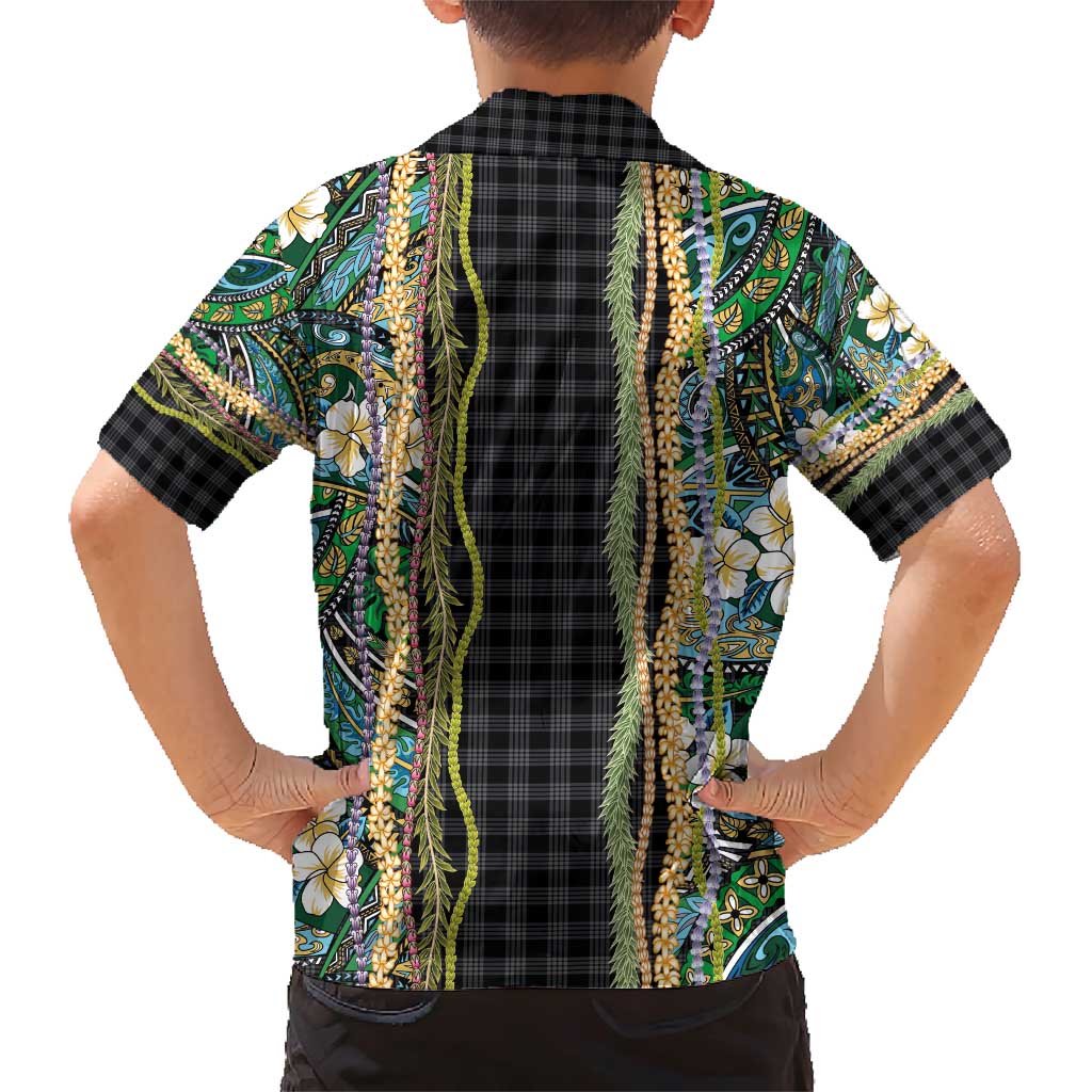 Hawaiian Art Flower Tribal with Lei Family Matching Short Sleeve Bodycon Dress and Hawaiian Shirt Palaka Pattern Black Color - Polynesian Pride