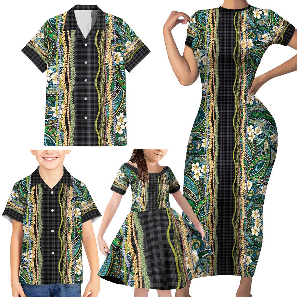 Hawaiian Art Flower Tribal with Lei Family Matching Short Sleeve Bodycon Dress and Hawaiian Shirt Palaka Pattern Black Color - Polynesian Pride
