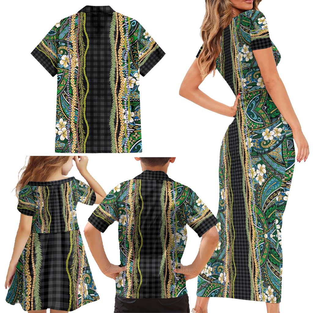 Hawaiian Art Flower Tribal with Lei Family Matching Short Sleeve Bodycon Dress and Hawaiian Shirt Palaka Pattern Black Color - Polynesian Pride