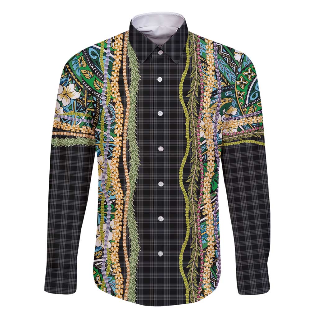 Hawaiian Art Flower Tribal with Lei Family Matching Short Sleeve Bodycon Dress and Hawaiian Shirt Palaka Pattern Black Color - Polynesian Pride