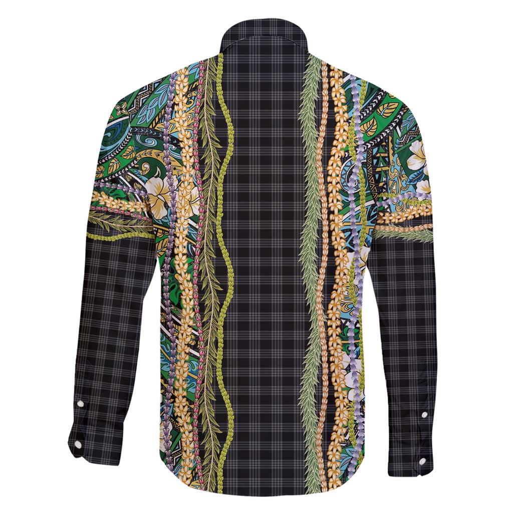 Hawaiian Art Flower Tribal with Lei Family Matching Short Sleeve Bodycon Dress and Hawaiian Shirt Palaka Pattern Black Color - Polynesian Pride