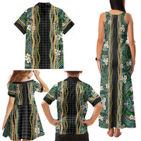 Hawaiian Art Flower Tribal with Lei Family Matching Tank Maxi Dress and Hawaiian Shirt Palaka Pattern Black Color - Polynesian Pride