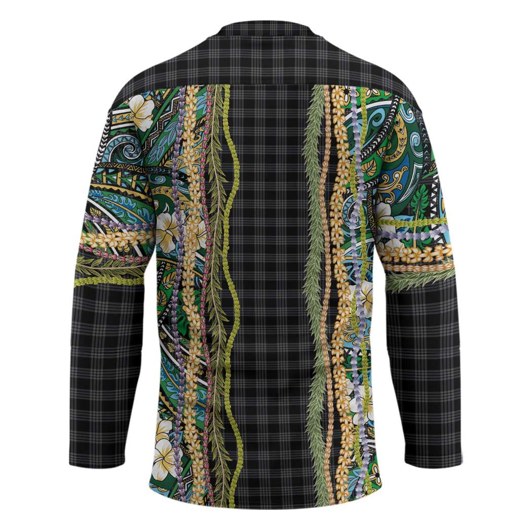Hawaiian Art Flower Tribal with Lei Hockey Jersey Palaka Pattern Black Color - Polynesian Pride